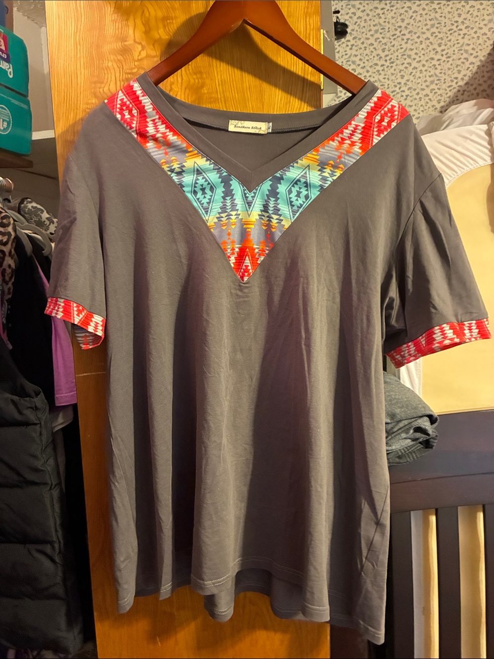 Women's Gray V-Neck Tee with Colorful Aztec Trim